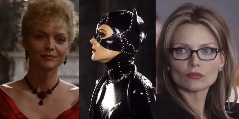 Michelle Pfeiffer i tre ikoniska roller: som en elegant dam, som den legendariska Catwoman och som en kvinna med glasögon. Filmer med Michelle Pfeiffer.